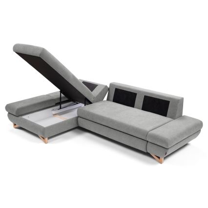 Divano angolare letto imbottito AVESTA con vano contenitore a L, lato sinistro, grigio
