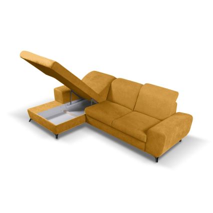 Divano angolare imbottito trasformabile in letto con vano contenitore a L, modello ALTA, lato sinistro, giallo