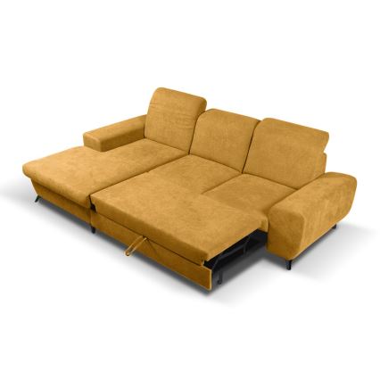 Divano angolare imbottito trasformabile in letto con vano contenitore a L, modello ALTA, lato sinistro, giallo