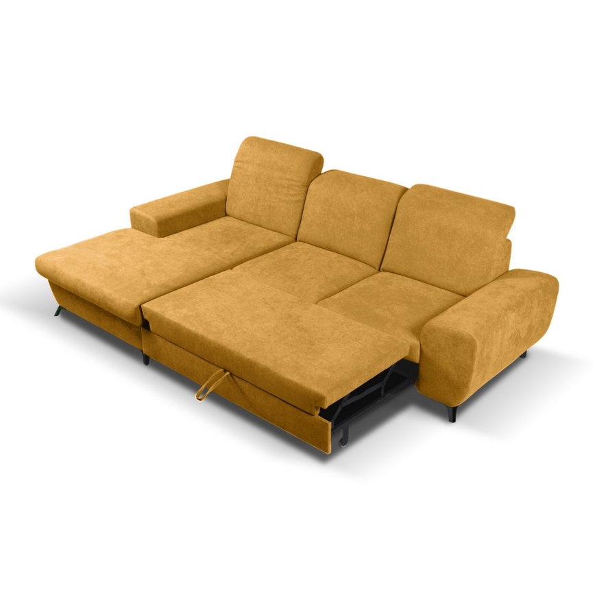 Divano angolare imbottito trasformabile in letto con vano contenitore a L, modello ALTA, lato sinistro, giallo