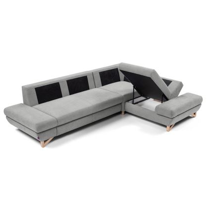 Divano letto angolare imbottito AVESTA a L con vano contenitore, angolo destro, grigio