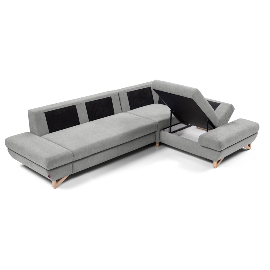 Divano letto angolare imbottito AVESTA a L con vano contenitore, angolo destro, grigio