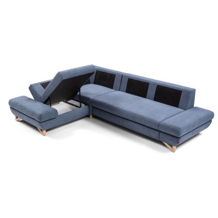 Divano angolare imbottito con letto estraibile e vano contenitore a L AVESTA, lato sinistro, blu