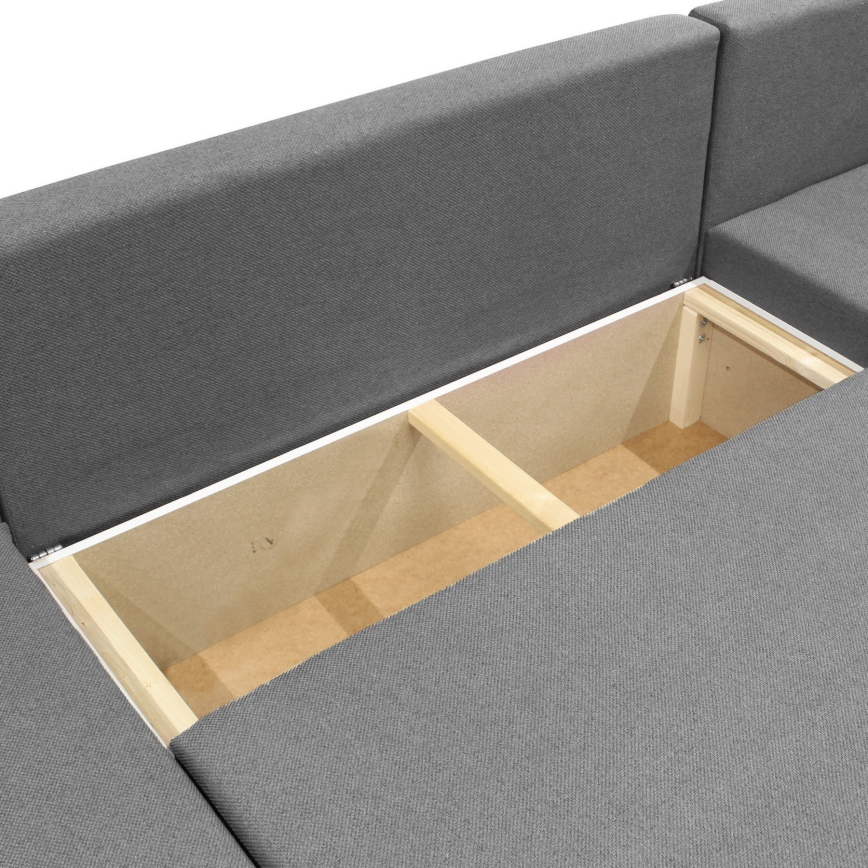 Divano letto angolare universale con vano contenitore a U SEYA grigio