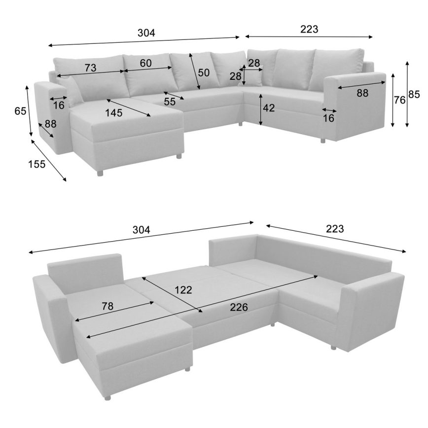 Divano letto angolare universale con vano contenitore a U SEYA grigio