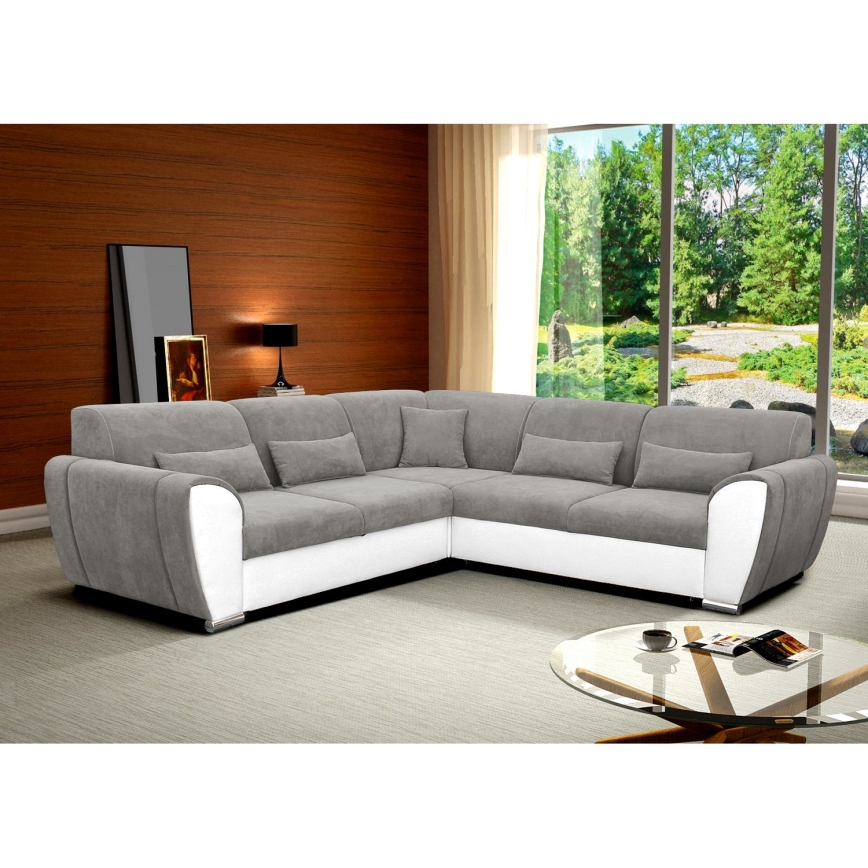 Divano letto angolare VISEU con contenitore a L, penisola a destra, grigio/bianco