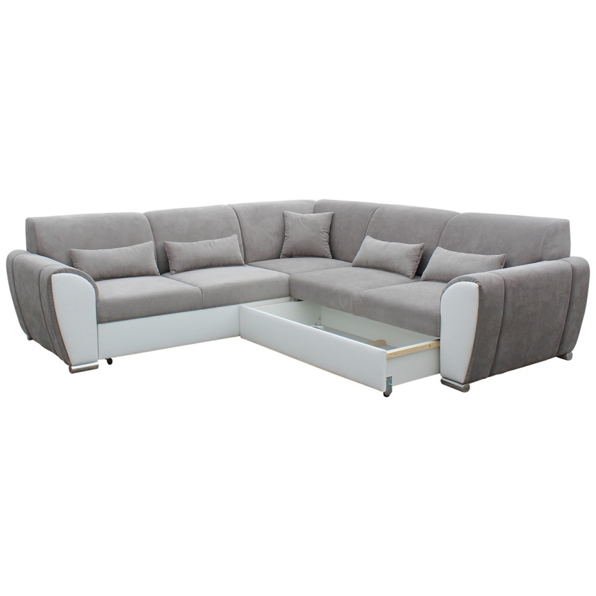 Divano letto angolare VISEU con contenitore a L, penisola a destra, grigio/bianco