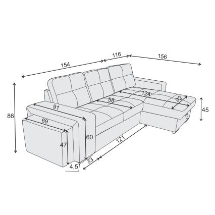 Divano letto con contenitore e pouf PALERMO, grigio chiaro - lato destro