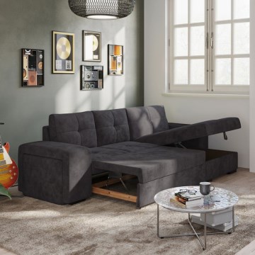 Divano letto con vano contenitore e pouf PALERMO, nero, lato destro