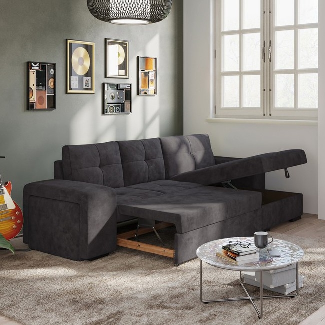 Divano letto con vano contenitore e pouf PALERMO, nero, lato destro