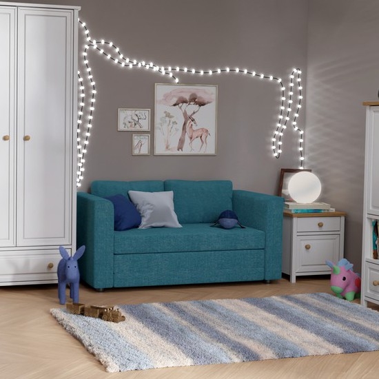 Divano letto imbottito a 2 posti con braccioli LAYLA, blu