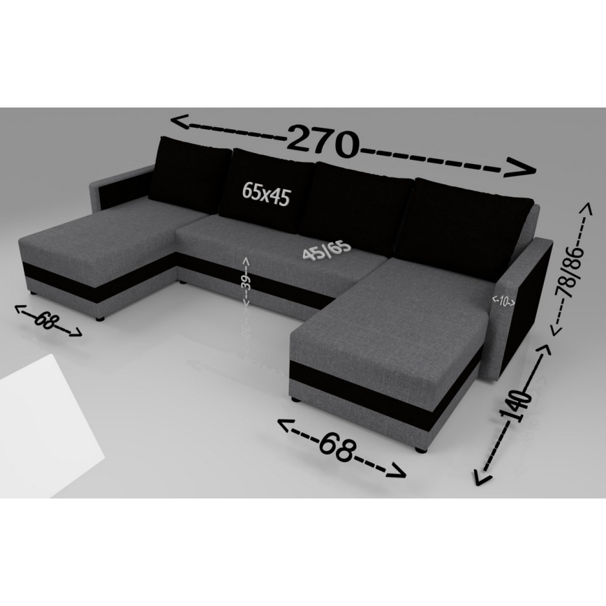Divano-letto imbottito universale a U BRISTOL grigio/nero