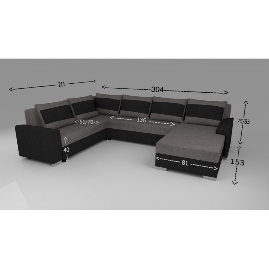 Divano letto imbottito universale a U OXFORD nero/grigio