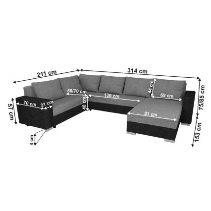Divano letto imbottito universale a U YORK nero/antracite