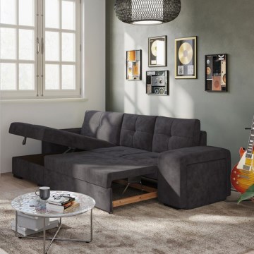 Divano letto trasformabile PALERMO con vano contenitore e pouf, nero — lato sinistro