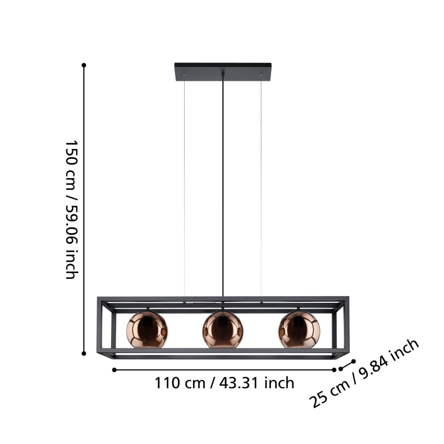 Eglo - Lampadario a sospensione con filo 3xE27/40W/230V rame/nero