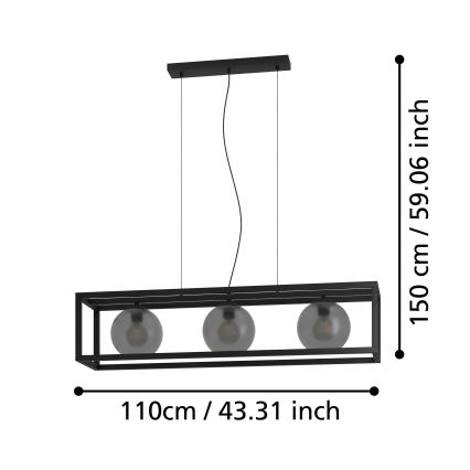 Eglo - Lampadario a sospensione con filo 3xE27/40W/230V fumé/nero