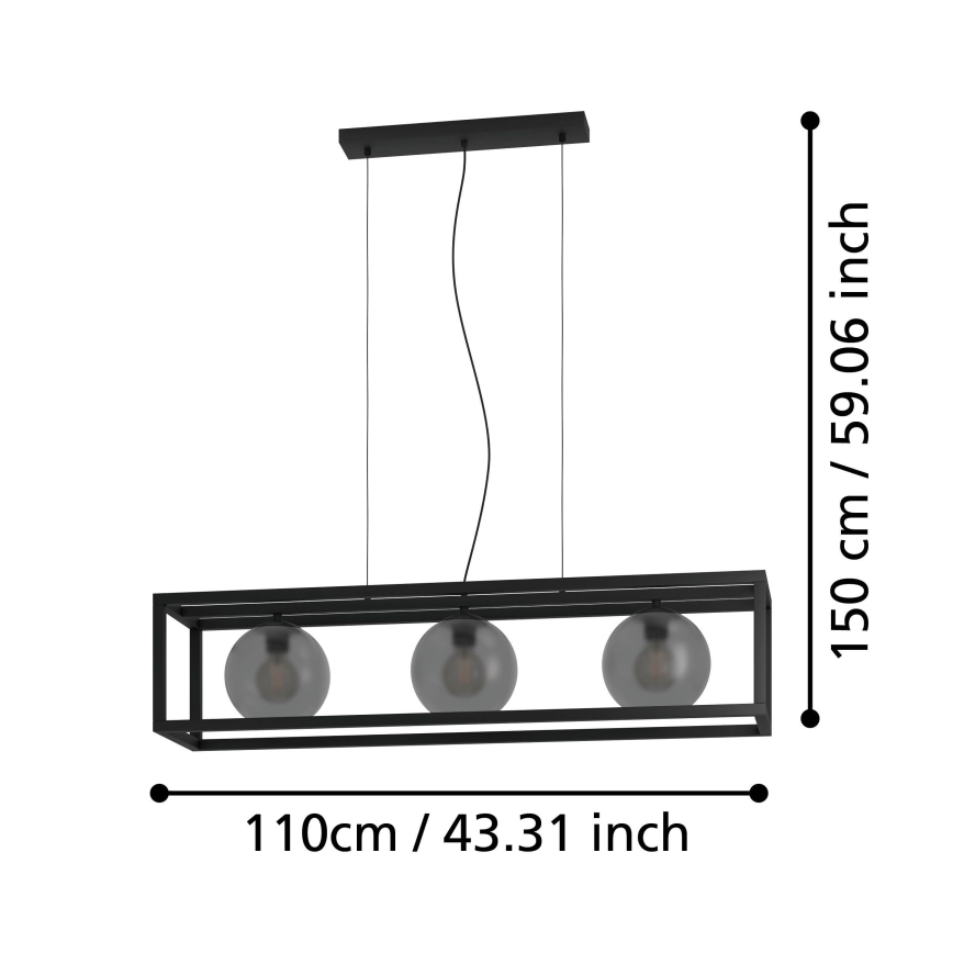 Eglo - Lampadario a sospensione con filo 3xE27/40W/230V fumé/nero