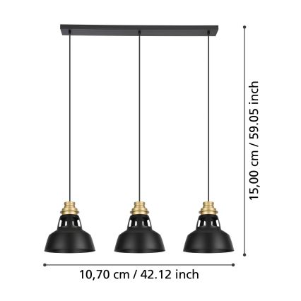 Eglo - Lampadario a sospensione con filo 3xE27/40W/230V nero/oro