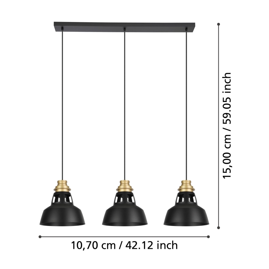 Eglo - Lampadario a sospensione con filo 3xE27/40W/230V nero/oro