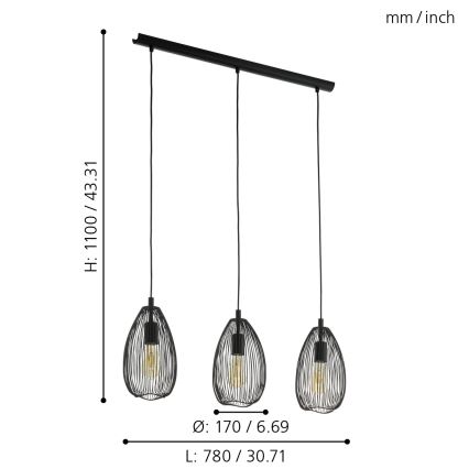 Eglo 49142 - Lampadario a sospensione con filo CLEVEDON 3xE27/60W/230V