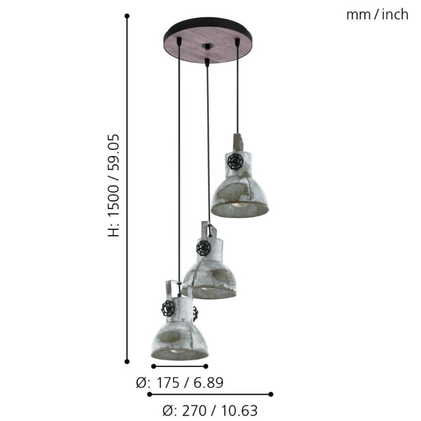 Eglo 79371 - Lampadario a sospensione con cavo BARNSTAPLE 3xE27/40W/230V marrone/patina