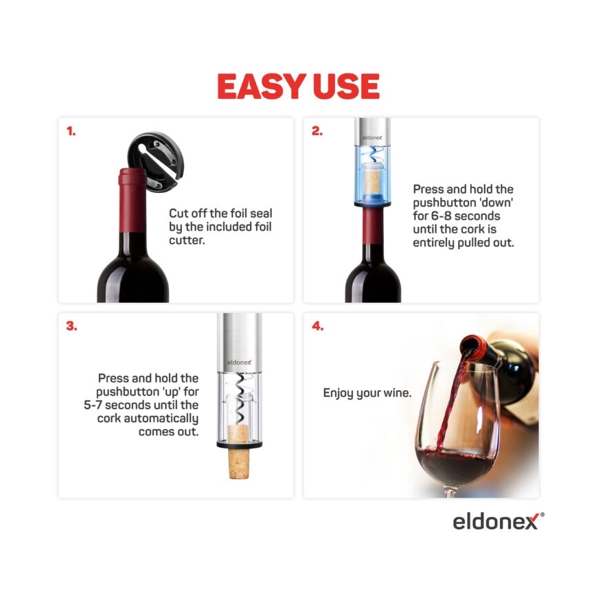 ELDONEX EWO-2200-SL - Apribottiglie elettrico 4xAA cromo opaco