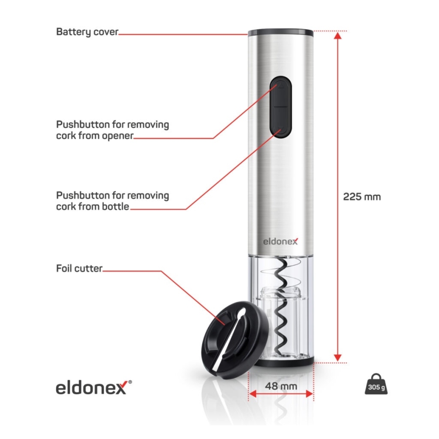 ELDONEX EWO-2200-SL - Apribottiglie elettrico 4xAA cromo opaco