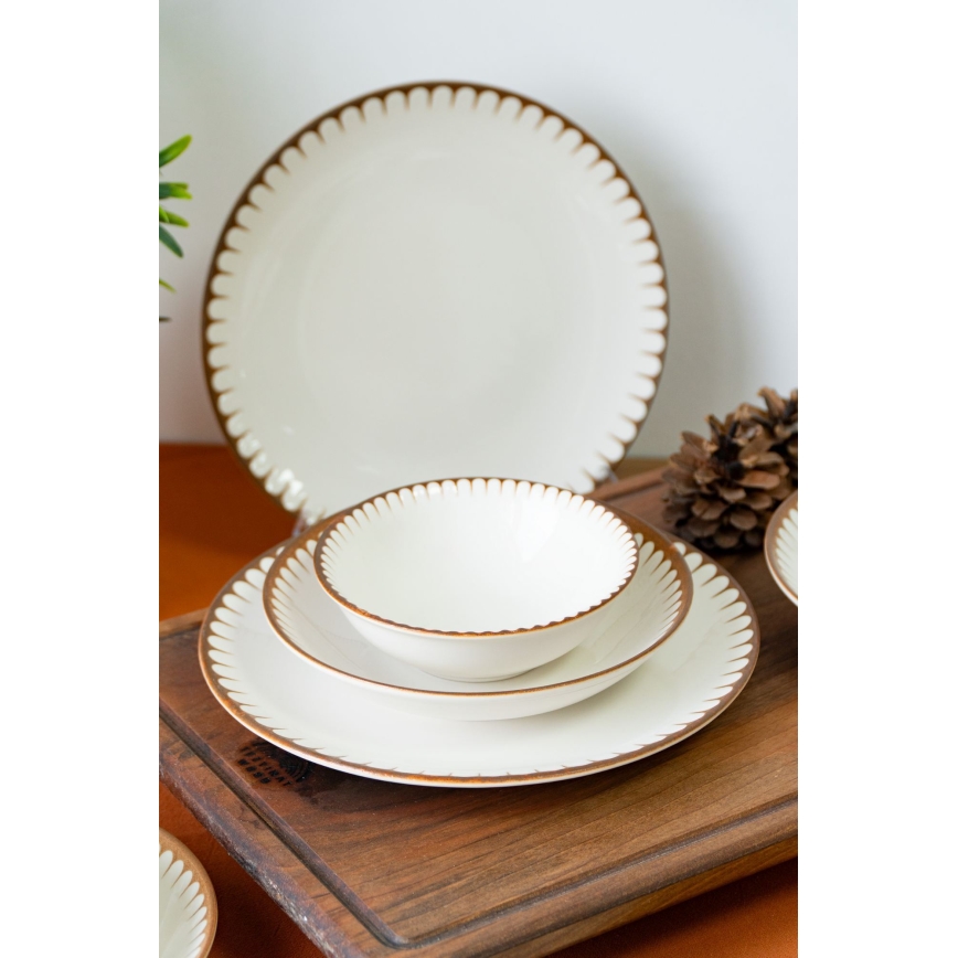 Elegante servizio da tavola in porcellana 18 pezzi, bianco/marrone