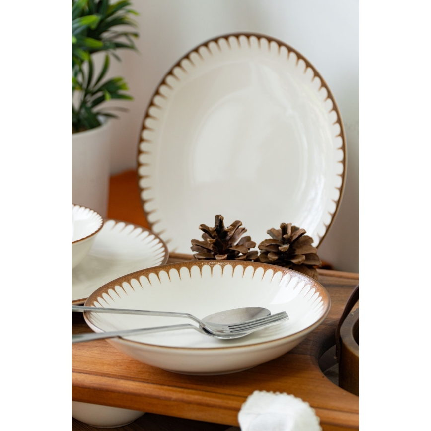 Elegante servizio da tavola in porcellana 18 pezzi, bianco/marrone
