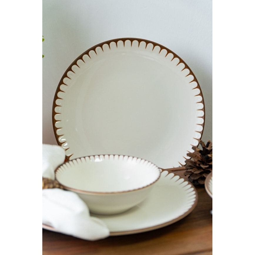 Elegante servizio da tavola in porcellana 18 pezzi, bianco/marrone