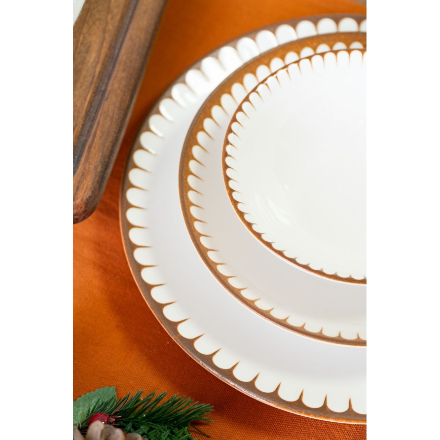Elegante servizio da tavola in porcellana 18 pezzi, bianco/marrone