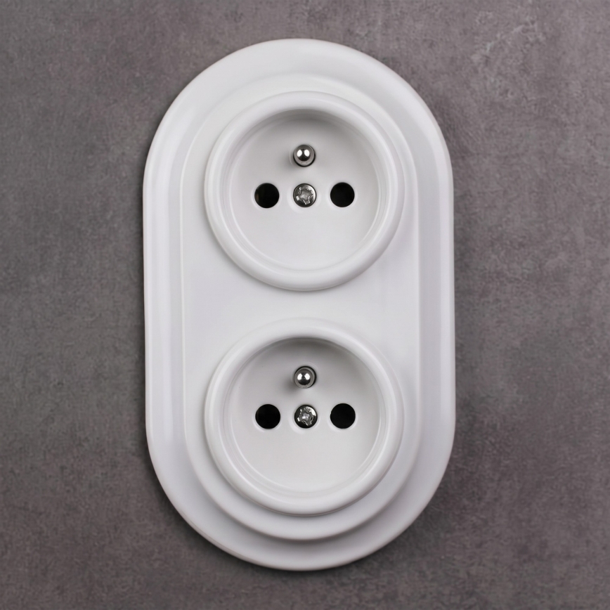 Elhard - Doppia presa da parete in ceramica in stile retrò con placca 230 V bianca