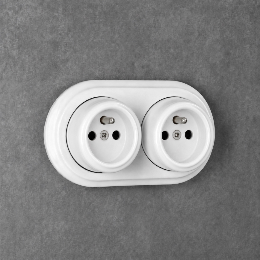 Elhard - Doppia presa da parete in ceramica in stile retrò per uso domestico con cornice 230V bianca
