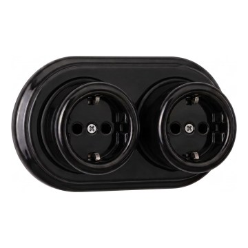 Elhard - Doppia presa da parete in ceramica stile retrò con placca, SCHUKO 230 V, nera