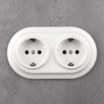 Elhard - Doppia presa domestica in ceramica in stile retrò con cornice SCHUKO 230V bianca