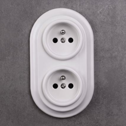 Elhard - Doppia presa domestica in ceramica in stile retrò con cornice SCHUKO 230V bianca