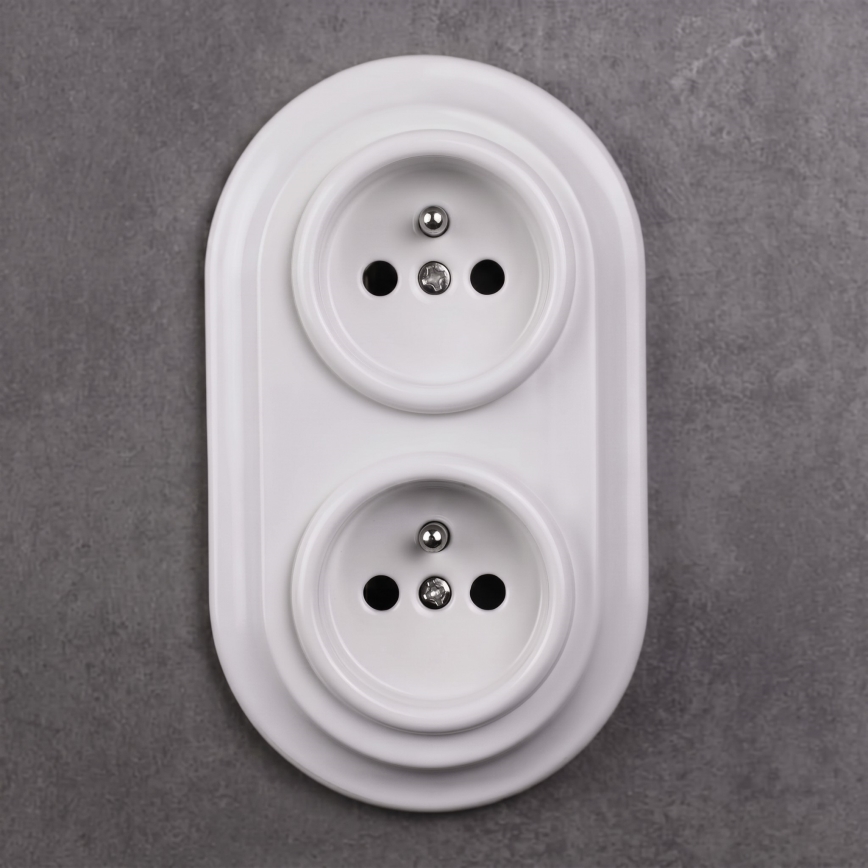 Elhard - Doppia presa domestica in ceramica in stile retrò con cornice SCHUKO 230V bianca