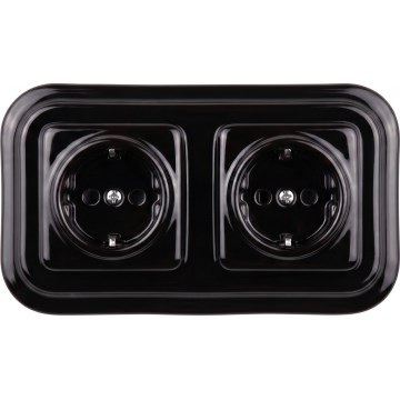 Elhard - Doppia presa domestica in ceramica in stile retrò con cornice, SCHUKO 230V, nera
