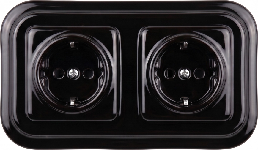 Elhard - Doppia presa domestica in ceramica in stile retrò con cornice, SCHUKO 230V, nera