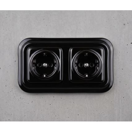 Elhard - Doppia presa domestica in ceramica in stile retrò con cornice, SCHUKO 230V, nera