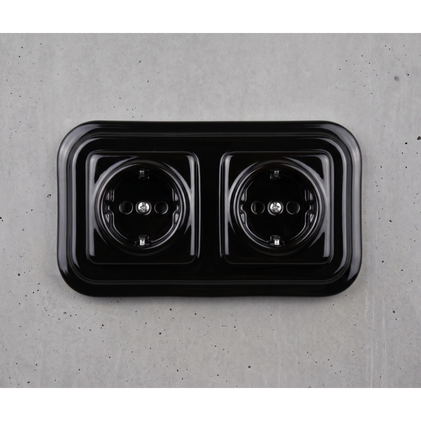 Elhard - Doppia presa domestica in ceramica in stile retrò con cornice, SCHUKO 230V, nera