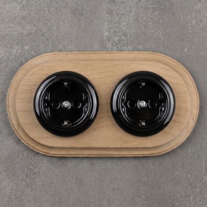 Elhard - Doppia presa in ceramica in stile retrò per uso domestico con placca SCHUKO 230V nero/legno chiaro