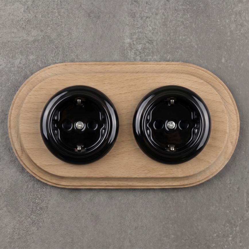 Elhard - Doppia presa in ceramica in stile retrò per uso domestico con placca SCHUKO 230V nero/legno chiaro