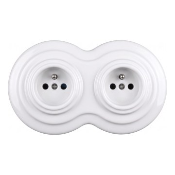 Elhard - Doppia presa domestica in ceramica stile retrò con cornice 230V bianca