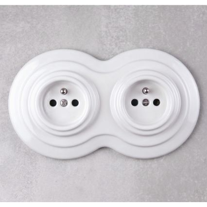 Elhard - Doppia presa domestica in ceramica stile retrò con cornice 230V bianca