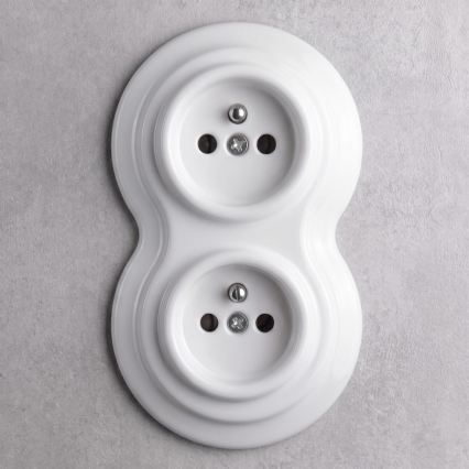 Elhard - Doppia presa domestica in ceramica stile retrò con cornice 230V bianca
