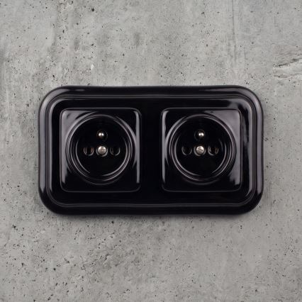Elhard - Doppia presa domestica in ceramica stile retrò con cornice, 230V, nera