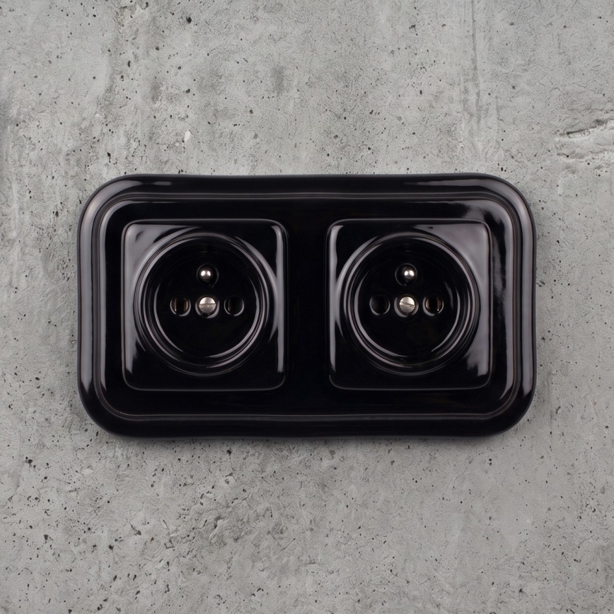 Elhard - Doppia presa domestica in ceramica stile retrò con cornice, 230V, nera