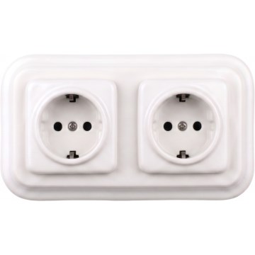 Elhard - Doppia presa domestica in ceramica stile retrò con cornice SCHUKO 230V bianca